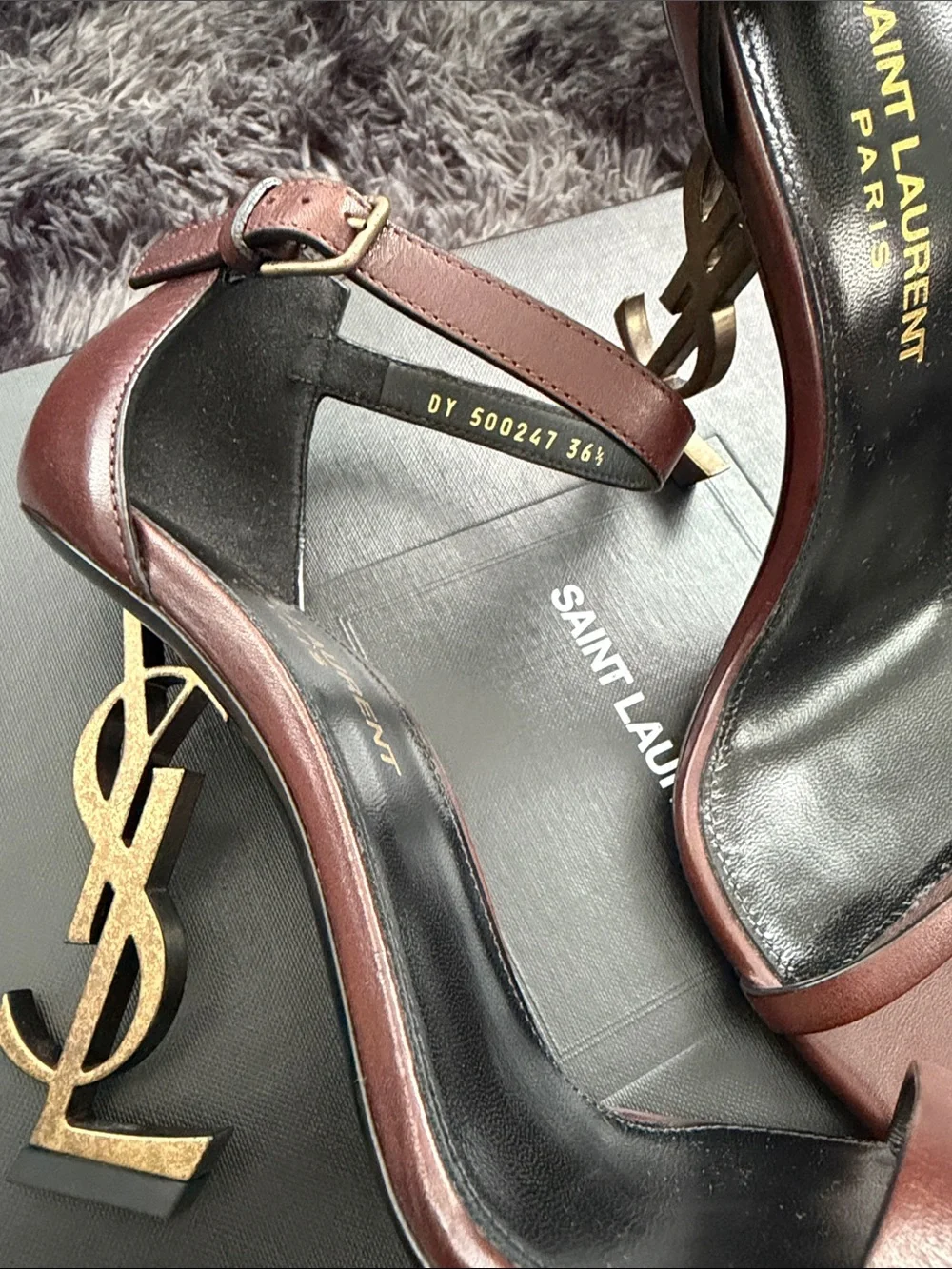 Saint Laurent Burgundy Leather Opyum Ankle-Strap Sandals - Picture 6 of 6